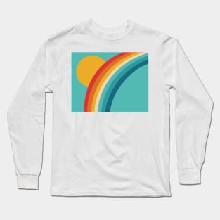 Retro Rainbow with Sun on Pale Blue Background Long Sleeve T-Shirt